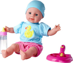 Simba 105010964 - Laura Hungry, Weichkörperpuppe mit Schnuller, magischem Löffel, Trinkfläschchen mit verschwindendem Inhalt und Tellerchen, 38cm, Babypuppe ab 2 Jahren