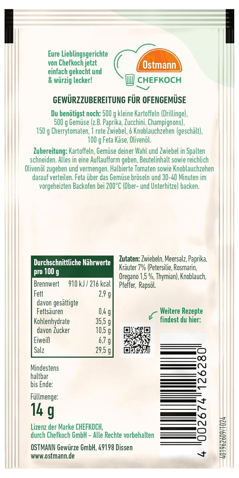 Ostmann Gewürze x Chefkoch - Ofengemüse Gewürzzubereitung | Abgestimmt auf 4 Portionen | Inklusive Schritt-für-Schritt-Rezept und Mengenangaben | 14 g im Beutel