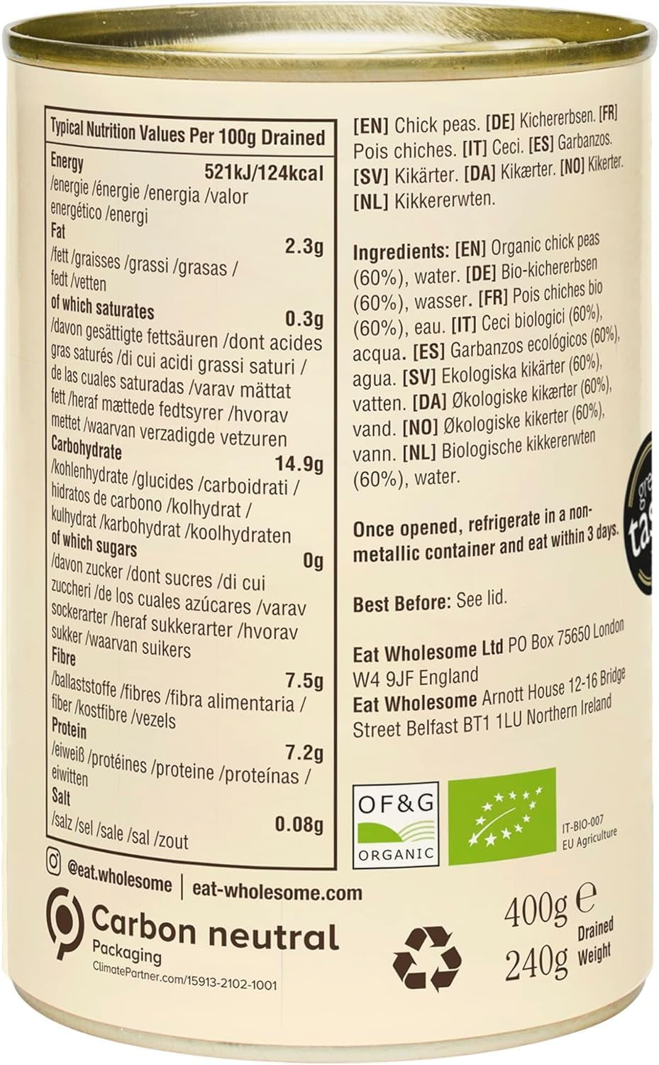 Năut organic Eat Wholesome, 400g (pachet de 12) - Gătit în apă, fără sare adăugată, 100% natural, sursă de proteine, vegan, căptușeală fără BPA și ambalaj neutru din punct de vedere al emisiilor de CO2