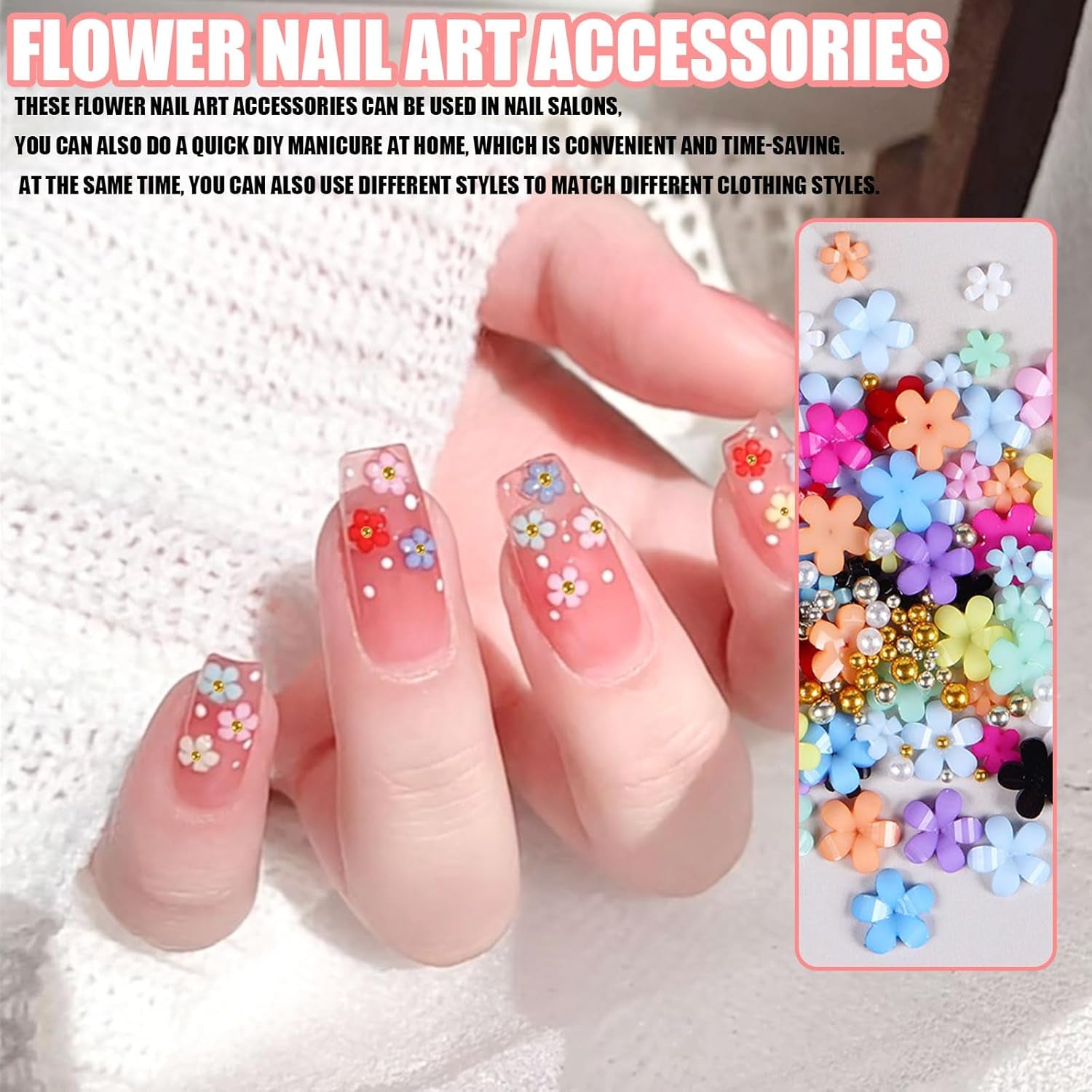 Talismani pentru unghii cu flori 3D, 12 grile de pietre pentru unghii din rășină acrilică cu flori și mărgele aurii și argintii, unghii cu gel floral, decorațiuni pentru unghii cu flori pentru femei și fete, accesorii DIY pentru manichiură