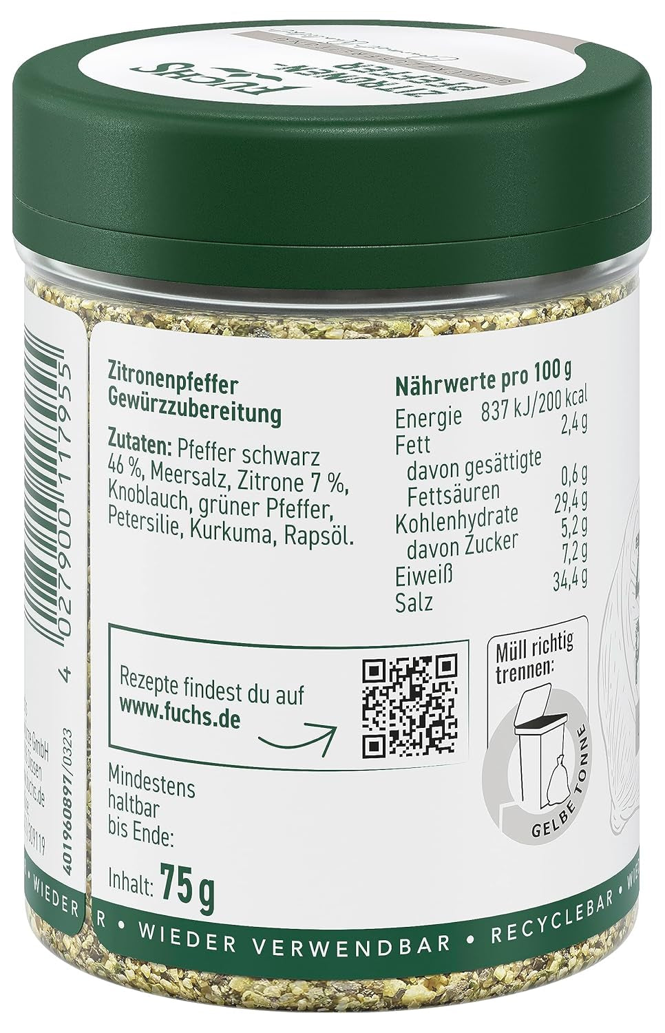 Fuchs Gewürze - Zitronenpfeffer Gewürz - Gewürrzubereitung für Lachs, Zander und Kabeljau - natürliche Zutaten - 75 g in wiederverwendbarer, recyclebarer Dose