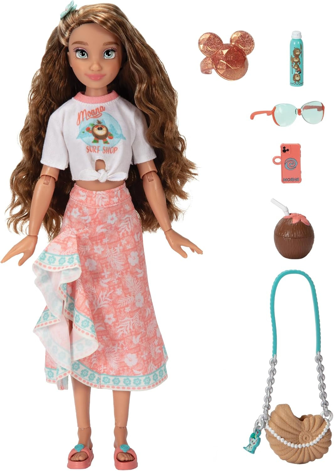 Păpușă Vaiana cu accesorii, 29 cm, 13 puncte de articulație, licențiată oficial de Jakks Pacific. Completă cu accesorii combinabile și un inel strălucitor cu Mickey!