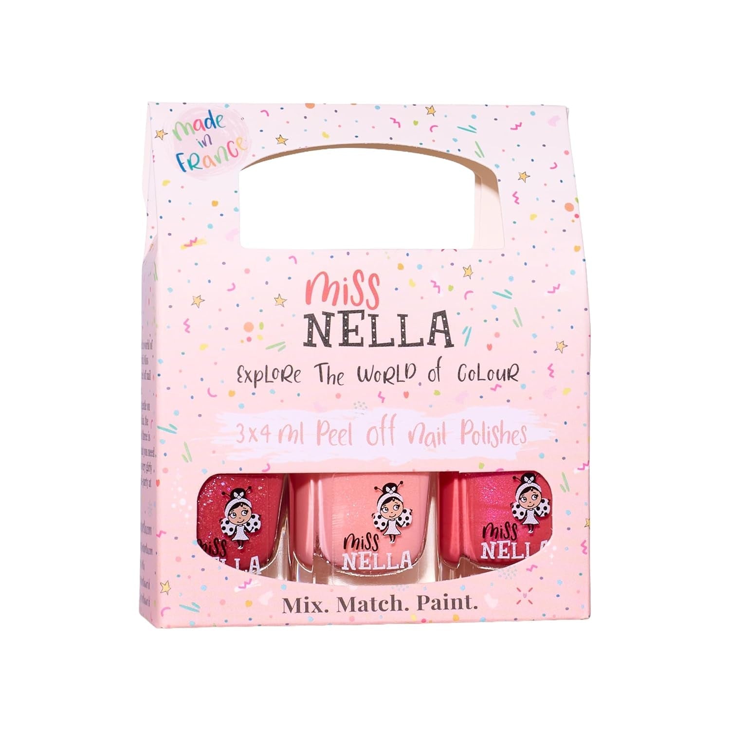 Set de ojă cu sclipici Miss Nella Magic Collection, 4 piese: roz, roșu, auriu și albastru, ojă detașabilă specială pentru copii, non-toxică, pe bază de apă și inodoră