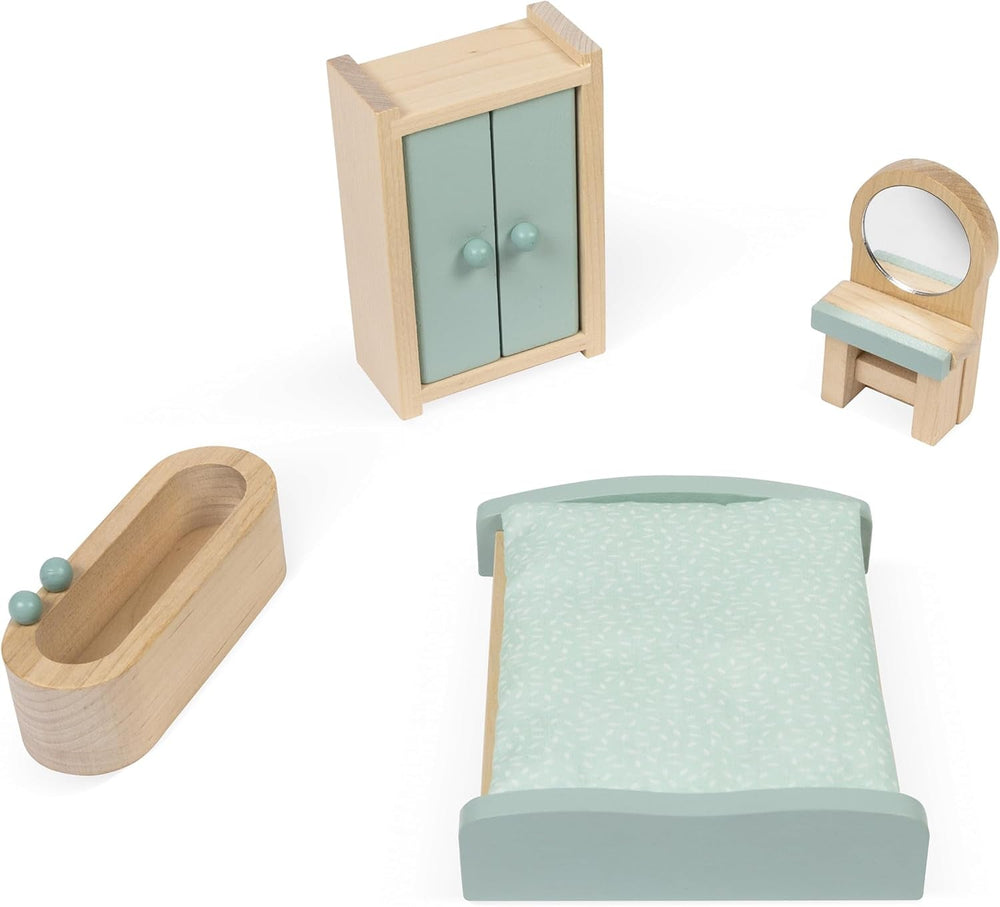Janod – Prima mea casă de păpuși din lemn – 10 accesorii – Mobilier pentru păpuși – Uși magnetice și acoperiș detașabil – Jucărie din lemn certificat FSC – Vârste 3+