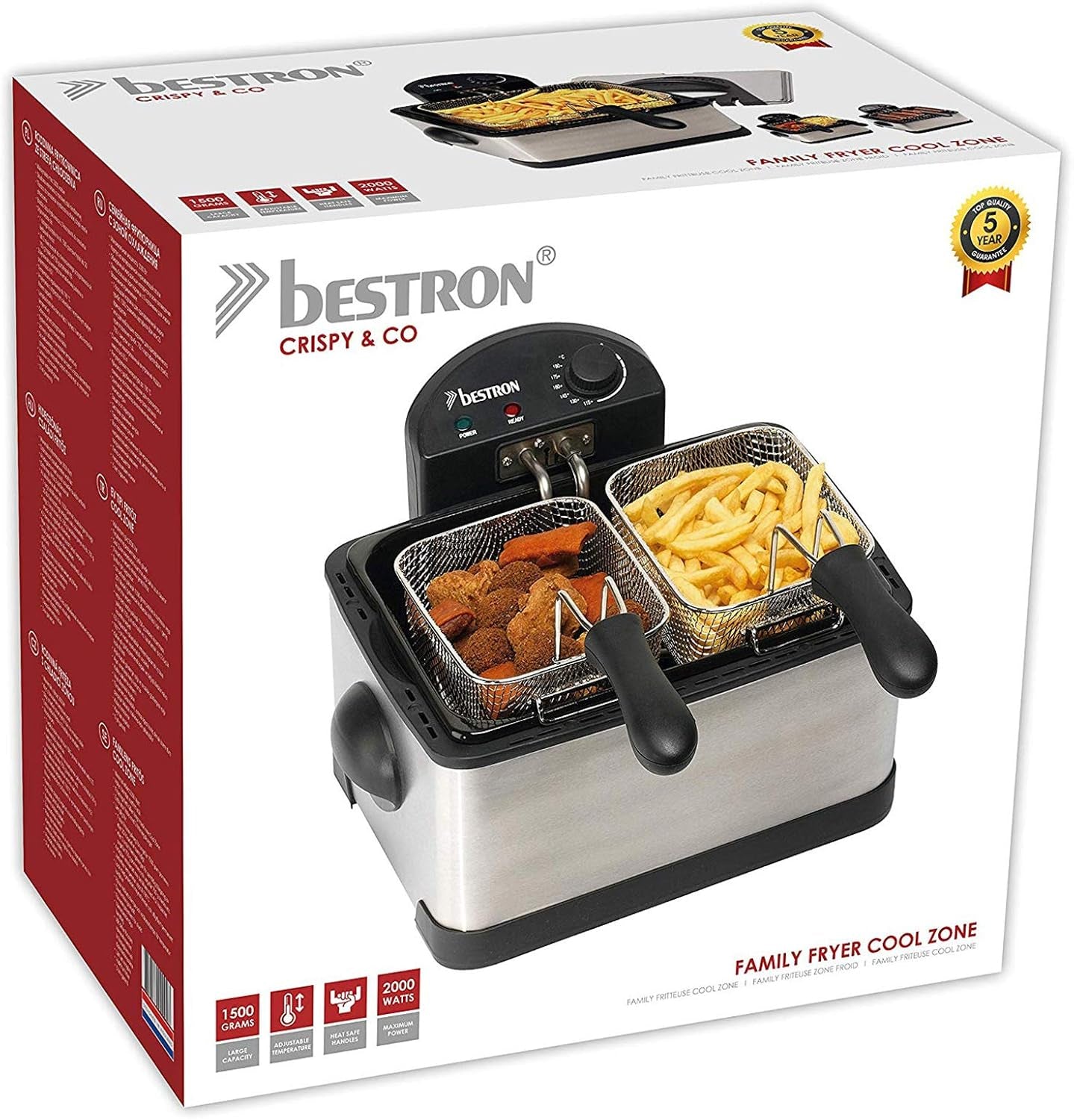 Friteuză cu ulei Bestron XL Cu 3 coșuri de prăjire, Inclusiv tehnologie cu zonă rece și recipient de ulei detașabil, 4 litri, 2000 W Electrocasnice Naty Shop