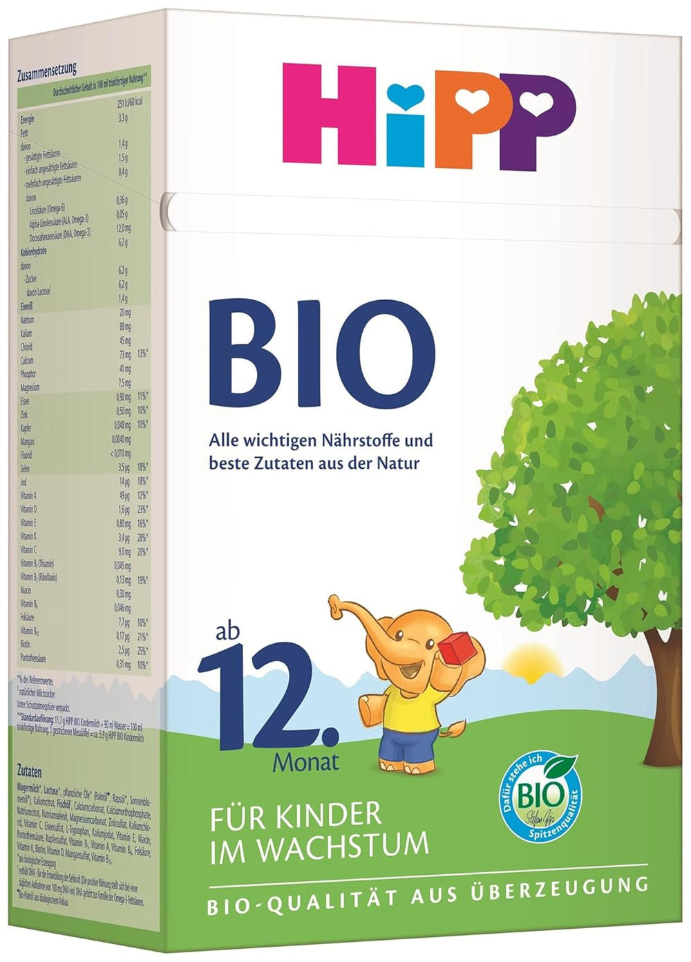 Lapte de creștere organic HiPP (4 x 600g), după 12 luni, cu calciu, fier, vitamina C și D, pentru copiii mici în creștere, de cea mai bună calitate organică
