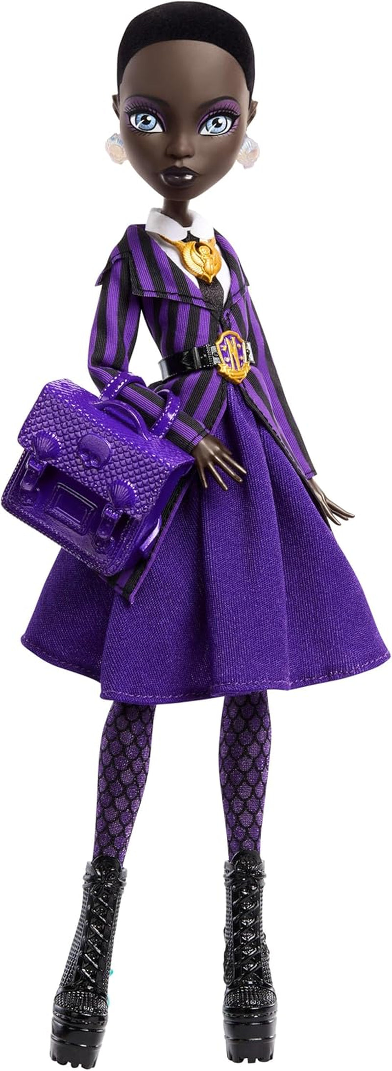 Monster High x Wednesday-Puppe mit Zubehör, Bianca Barclay-Sammelfigur in der Uniform der Nevermore Academy mit Sirenen-Amulett, Rucksack und Puppenständer, JDR71