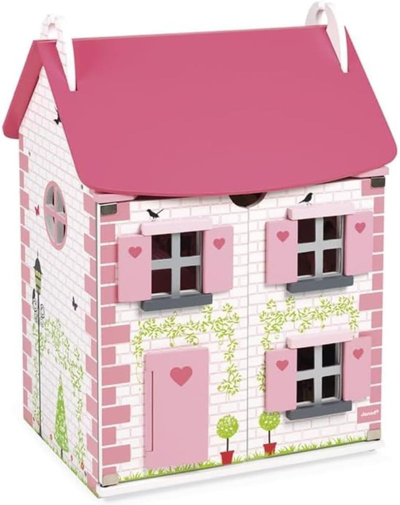 Janod - Casă de păpuși din lemn Mademoiselle, 3 etaje și cu 11 accesorii, replică de jucărie, dezvoltă imaginația, de la 3 ani, J06581