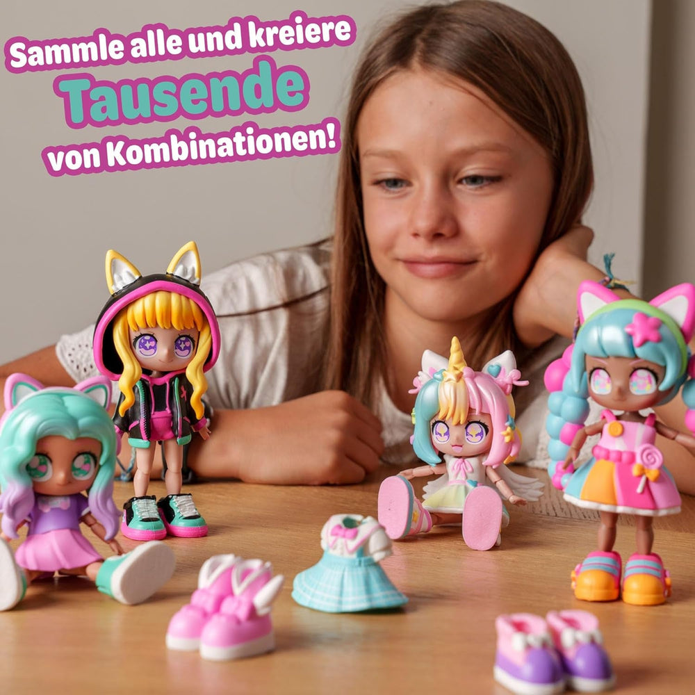 BANDAI - Animakii Einhorn und Fledermaus - Set Personalisierbare Puppen - 1 Puppe, 4 Gesichter, 2 Frisuren, 2 Outfits, 2 Paar Schuhe - Kreatives Spielzeug ab 5 Jahren - HEA26348