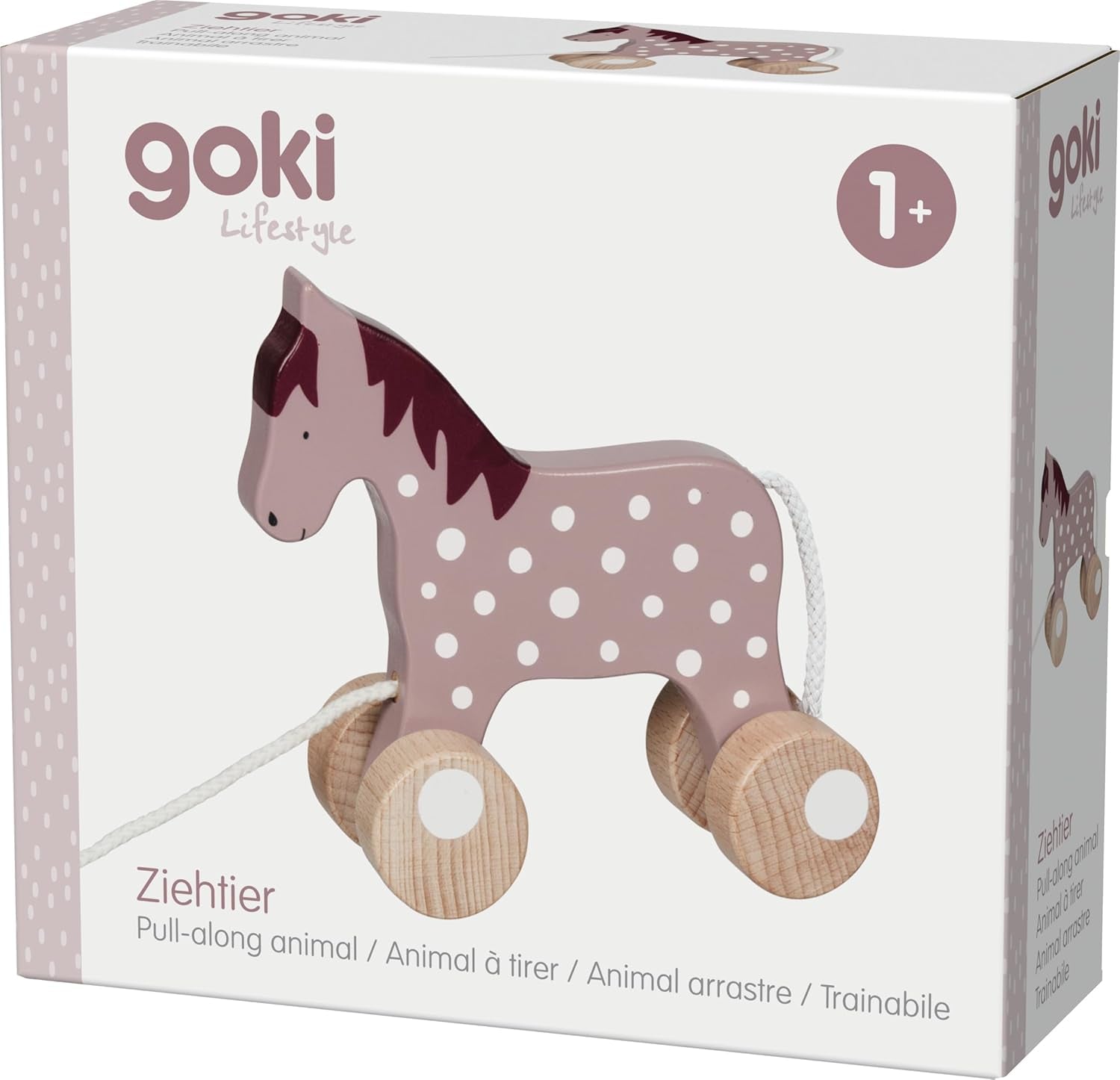 54865 Ziehtier Pferd Lifestyl Malve aus Holz, Nachzieh-Spielzeug mit Tiermotiv, Lernspielzeug inklusive Schnur, Babyspielzeug fördert Koordination und Motorik, 15cm x 5cm x 15cm, ab 1 Jahr