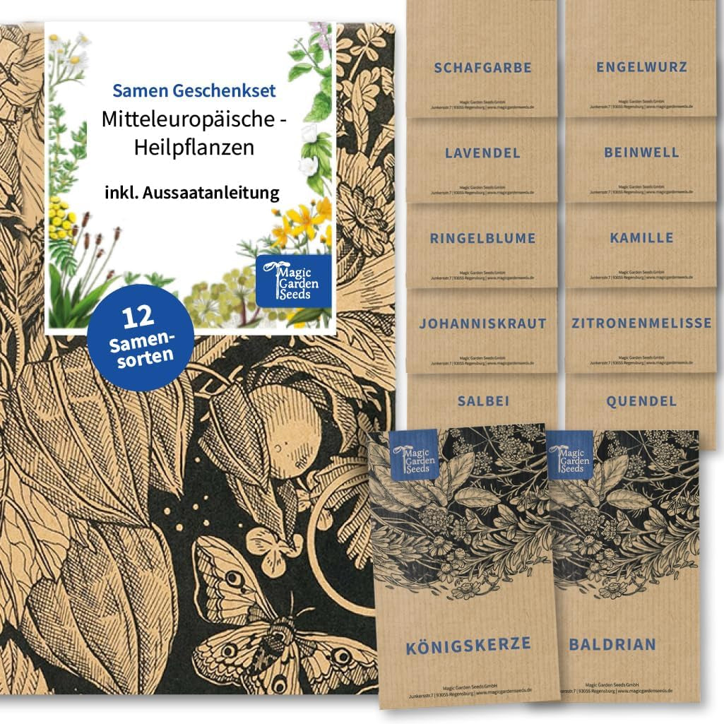 Semințe Magic Garden - Set de semințe de plante medicinale din Europa Centrală - 12 soiuri tradiționale de plante medicinale populare - Soiuri Heirloom - Accesorii de grădină - Semințe de plante - Cadou pentru iubitorii de grădină