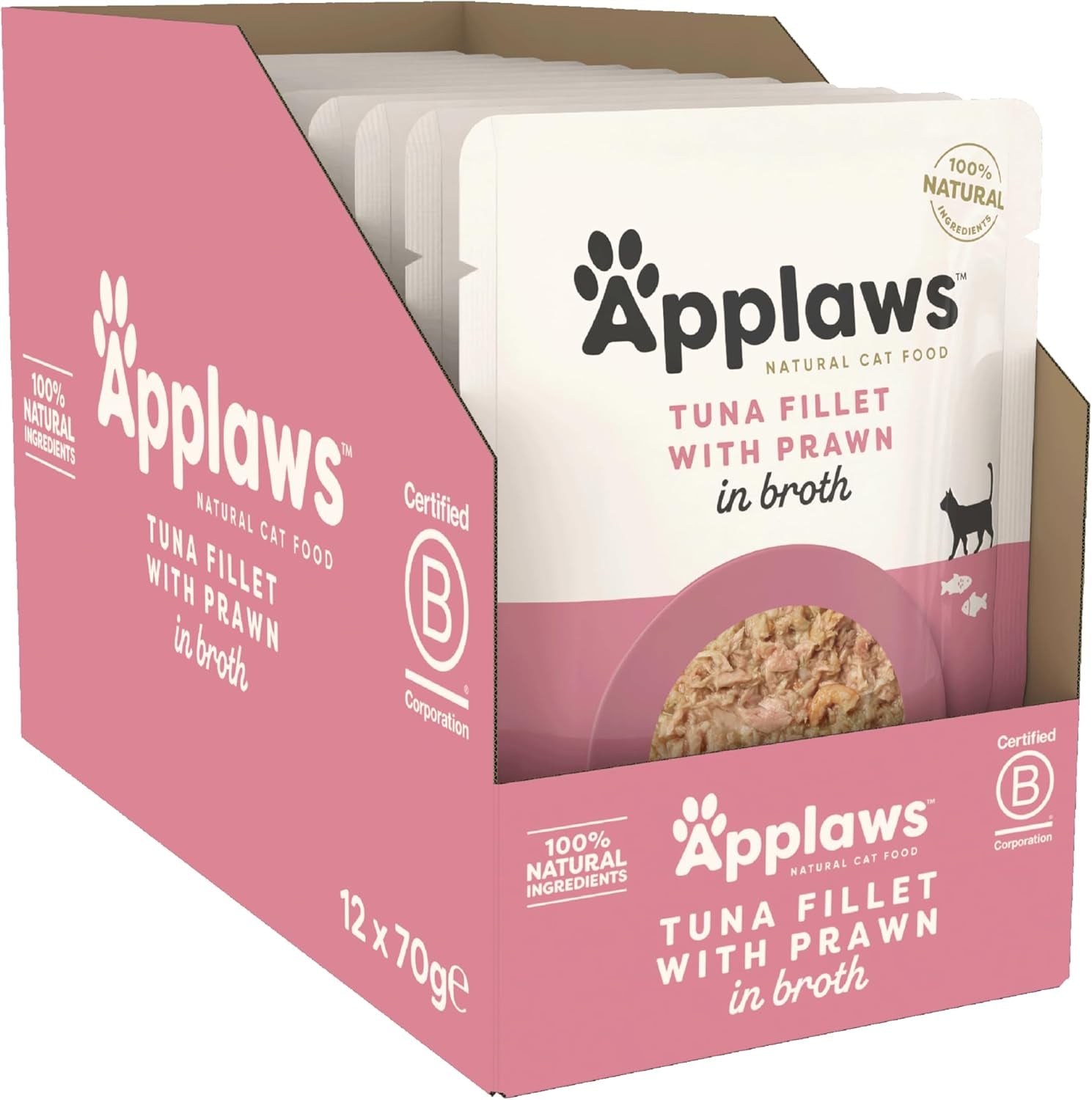 Applaws Premium Natural Hrană Umedă pentru Pisici, File de Ton cu Creveți din Pacific în Supă, Pliculețe Porționate 70g (12 x 70g)