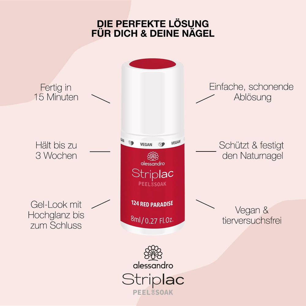Oja UV alessandro Striplac Red Paradise – Delicată și de lungă durată – Îndepărtare ușoară datorită tehnologiei de îndepărtare – Vegană și fără cruzime – 8 ml