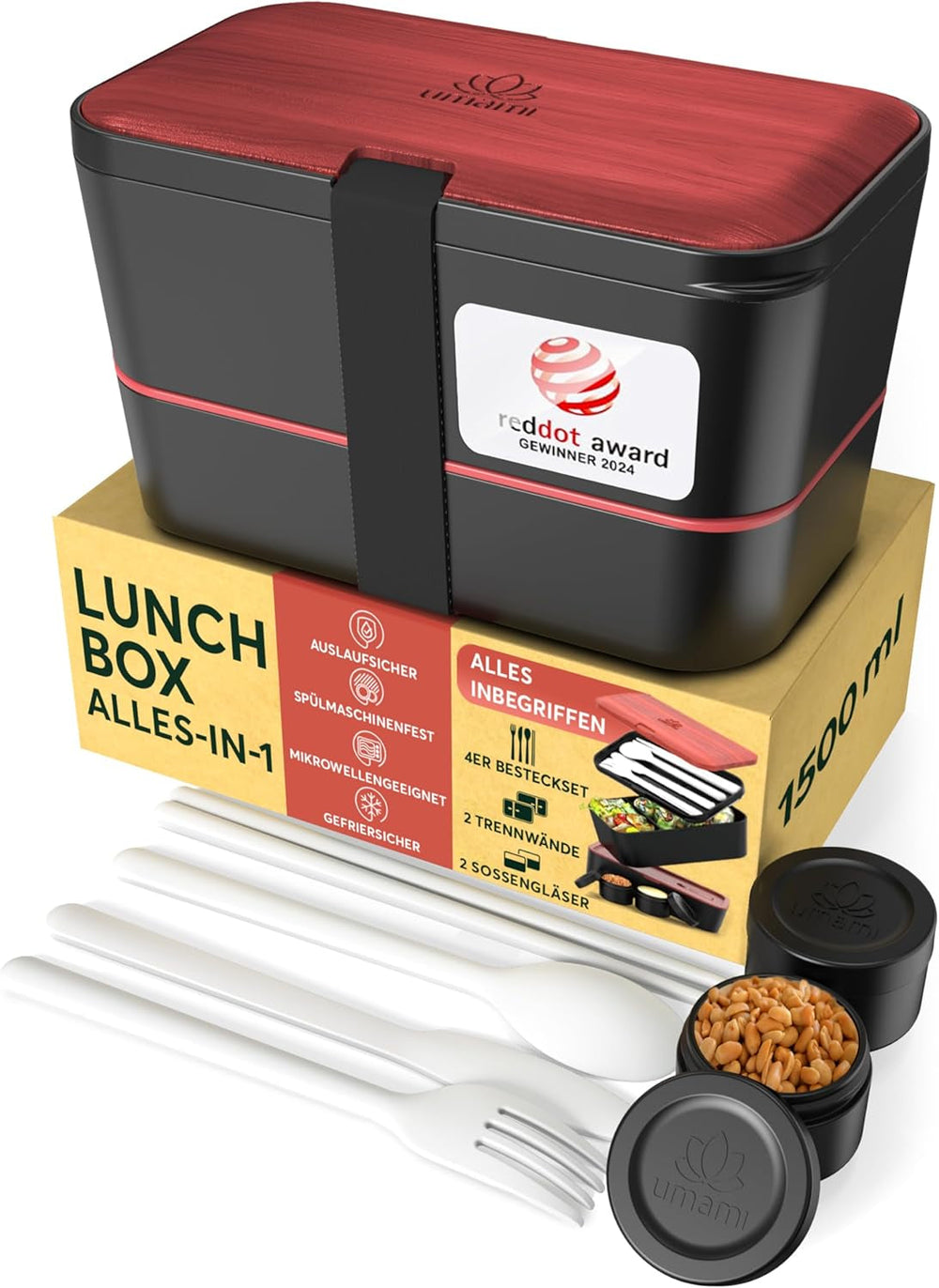 Cutie de prânz Umami pentru adulți, cutie bento stivuibilă etanșă cu 4 tacâmuri și compartimente, cutie de prânz pentru adulți, recipient pentru salată to-go, cutie de prânz pentru picnic / birou, gri cărbune, 1500 ml Cutii depozitare alimente Naty Shop Lemn de trandafir negru L - 1500 Ml Stivuibile unul în celălalt