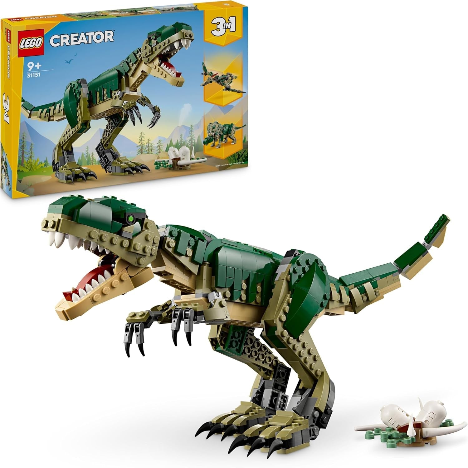 LEGO Creator 3in1 Fierce Dinosaur Toy - Build Velociraptor, Stegosaurus or Pterosaur Dino Figures w/Skeleton & Sharp Teeth Elements - Cool Birthday Gift Idea for 8+ Year Old Boys & Girls - 31379