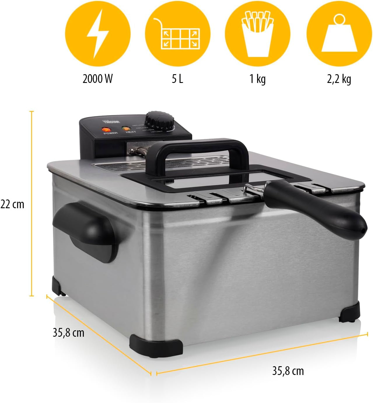 Friteuză Tristar, 1 coș mare și 2 coșuri mici, termostat reglabil, zonă de răcire, 5 litri, 2000 W, FR-6949 Electrocasnice Naty Shop