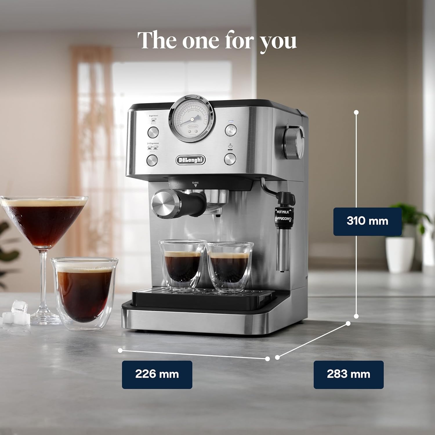 Espressor portafiltru De'Longhi Classic EM450.M cu spumator de lapte profesional, carcasă complet metalică, 15 bari, rezervor de apă de 1,7 l, oțel inoxidabil/metal