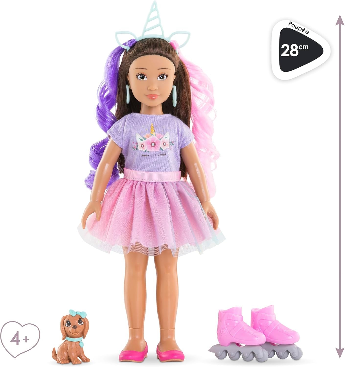 Corolle Girls Luna Einhorn Set, Ankleidepuppe mit Hund, Unicorn-Haarreif, Ohrringe und extra Inlineskates, Vanilleduft, 28cm, ab 4 Jahren