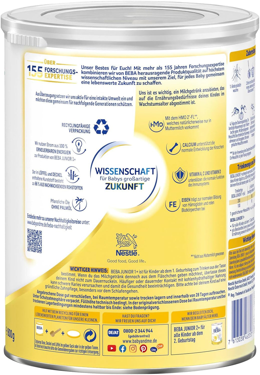 Băutură cu lapte BEBA Junior 1+ de la 1 an, Cu HMO, Conținut de proteine adaptat vârstei, Numai lactoză, Fără ulei de palmier, Fără ulei de pește, Hrană pentru copii mici, Lapte praf pentru bebeluși, Pachet de 3 (3 x 800g)