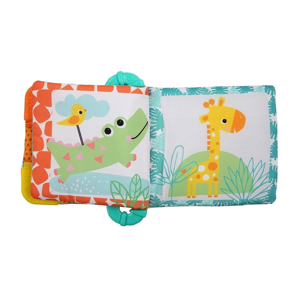Bright Starts, Teethe & Read, jucărie de prindere pentru carte din țesătură cu zăngănit și carte cu imagini cu animale din țesătură, carte cu zăngănit, inel de dentiție pentru calmarea gingiilor, jucărie pentru bebeluși și copii mici de la 3 luni Jucarii Bebe Naty Shop