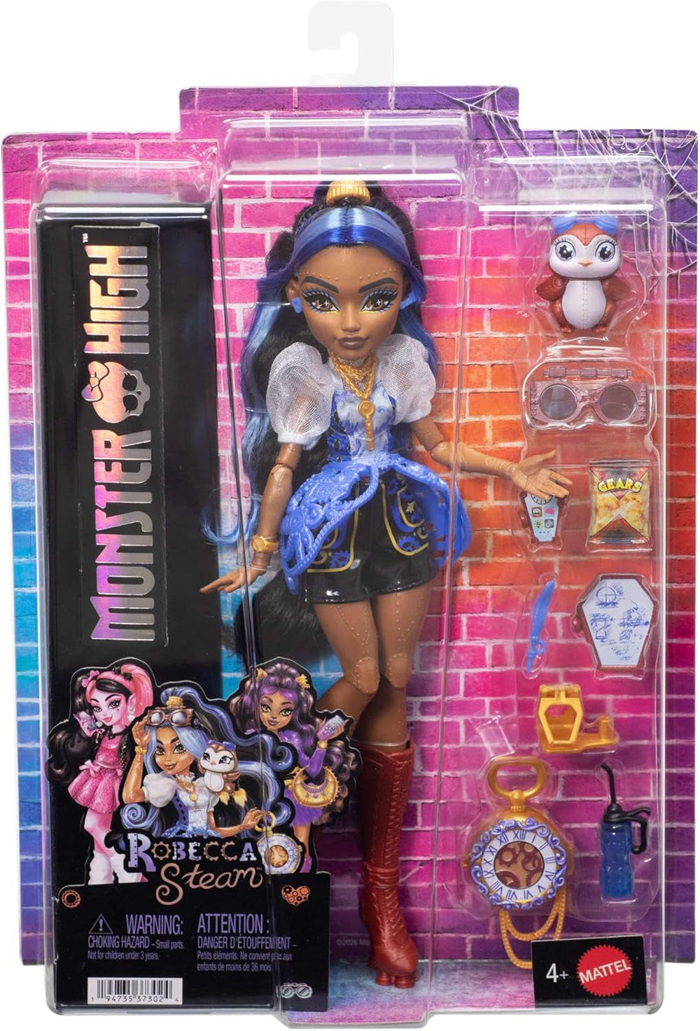 Monster High Puppe, Robecca Steam in Blauer Bluse und schwarzen Shorts mit Haustier Pinguin Captain Penny und 7 Zubehörteilen wie Flugbrille und Handtasche, JMB81