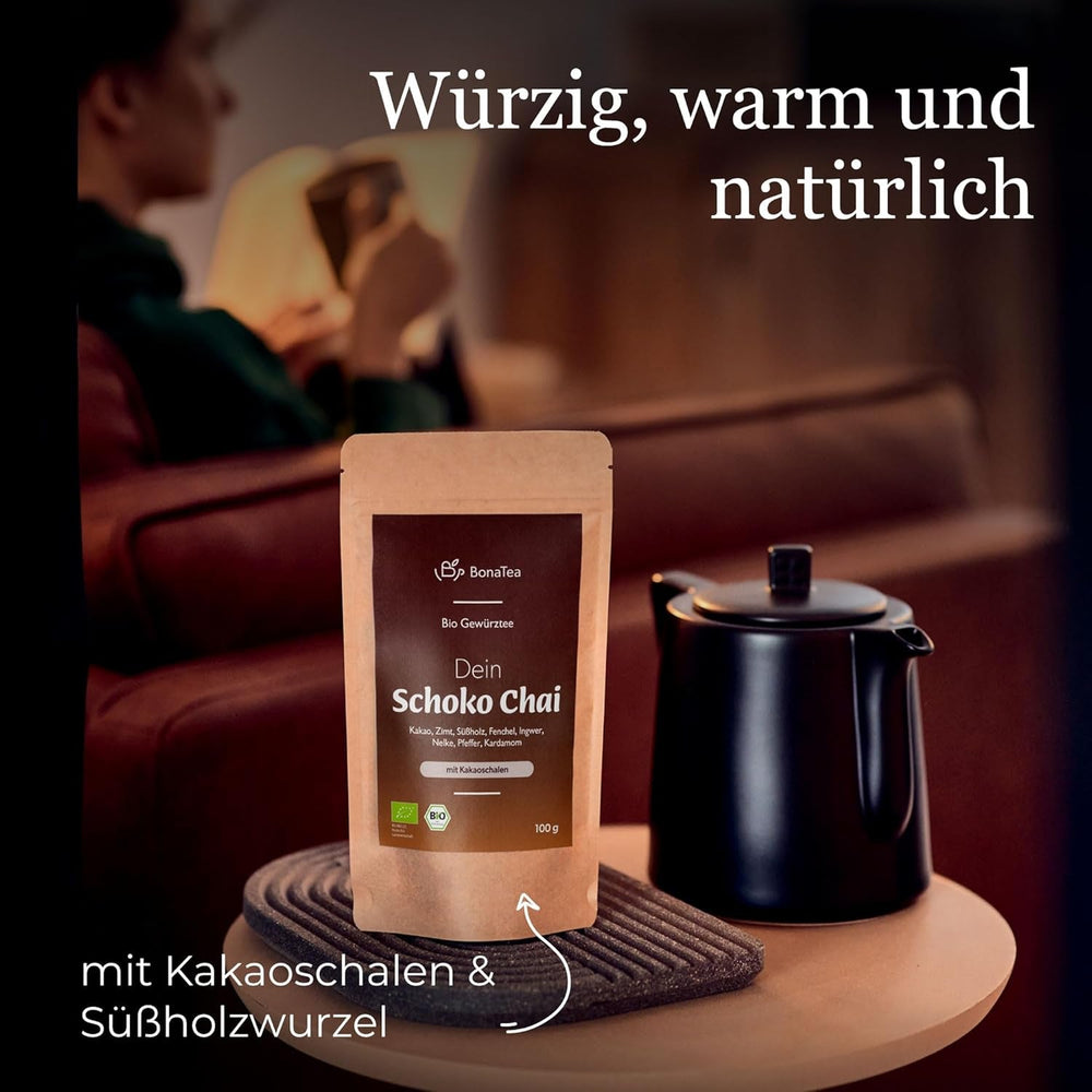 Ceai cu condimente BIO Schoko-Chai fără zahăr, cu coji de cacao, scorțișoară, lemn dulce și alte condimente aromatice Chai, 100 g