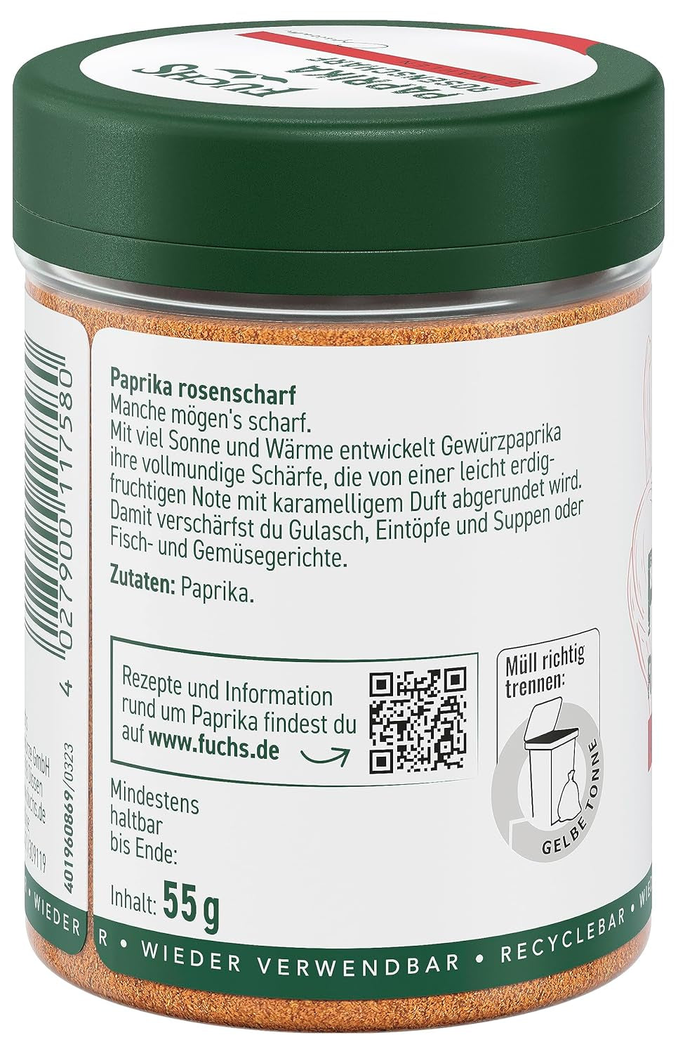 Fuchs Gewürze - Paprika rosenscharf gemahlen - schärfer Geschmack für Gulasch, Eintöpfe oder Gemüsegerichte - natürliche Zutaten - 55 g in wiederverwendbarer, recyclebarer Dose