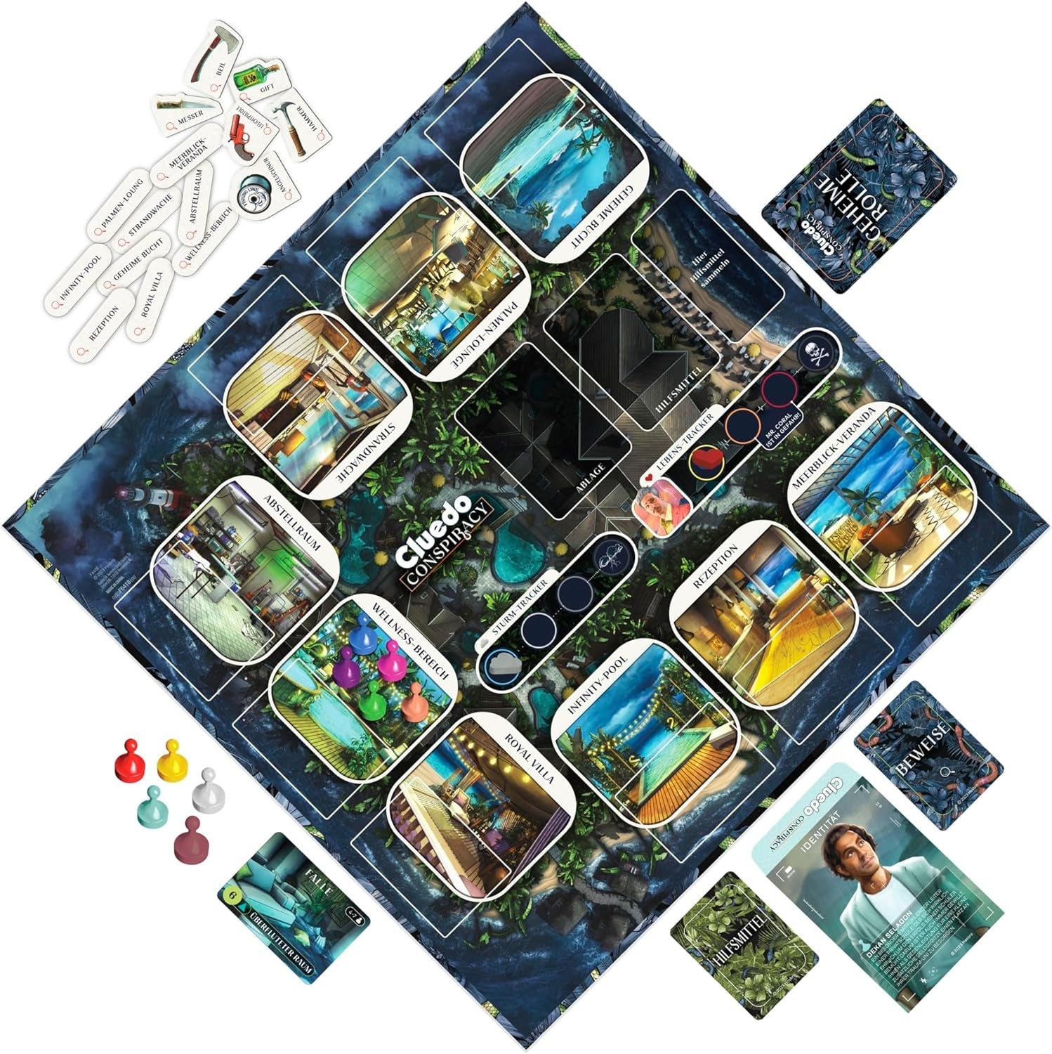 Joc de societate Cluedo Conspiracy de la Hasbro Gaming pentru adulți și adolescenți, versiunea germană a jocului de mister, pentru 4-10 jucători și cu vârsta de 14 ani și peste