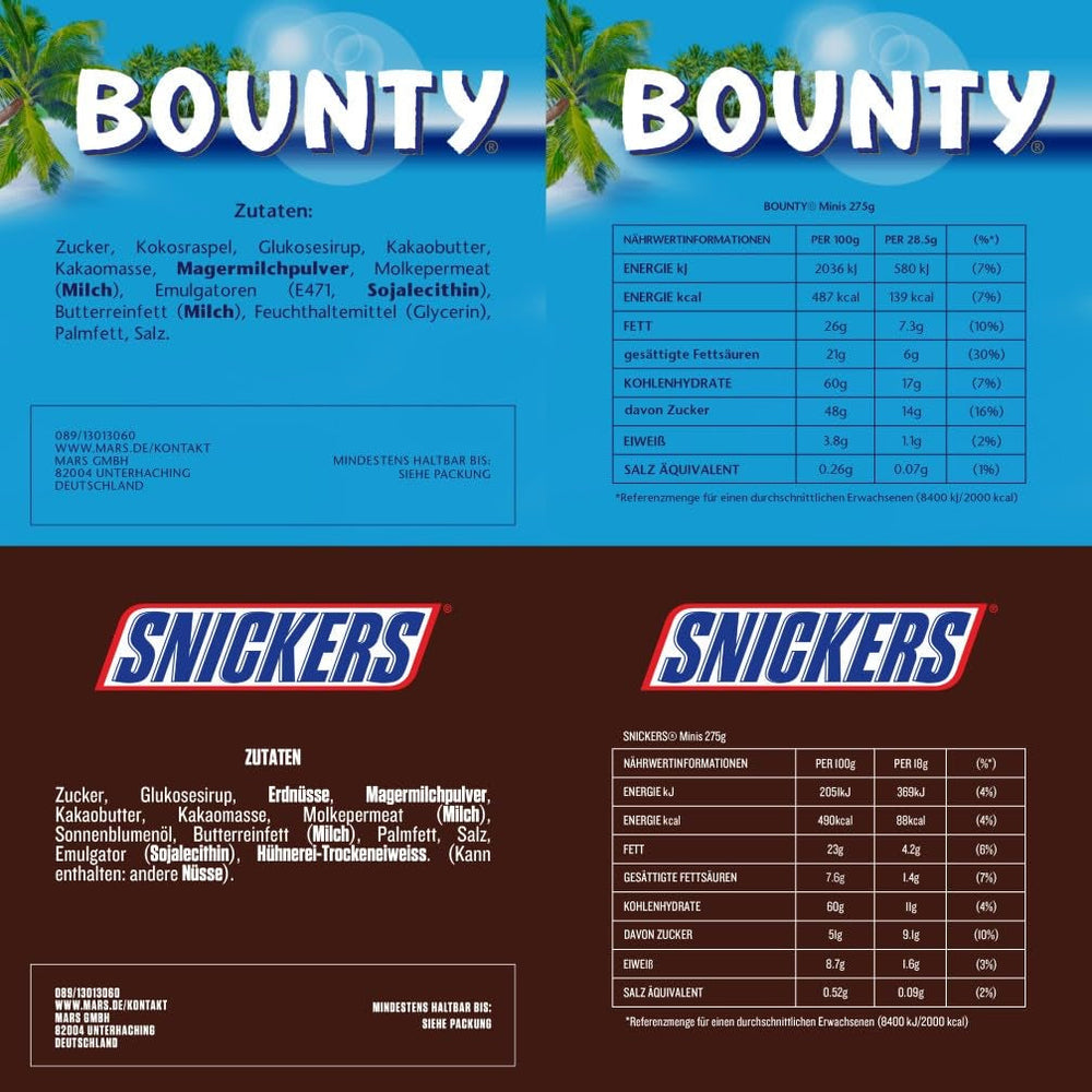 Pachet vrac cu mini ciocolată mixtă, 20 de mini gustări de ciocolată (Mars, Snickers, Bounty, Twix, Milky Way), ca bomboane, cadou de ciocolată, cutie de bomboane, 400g