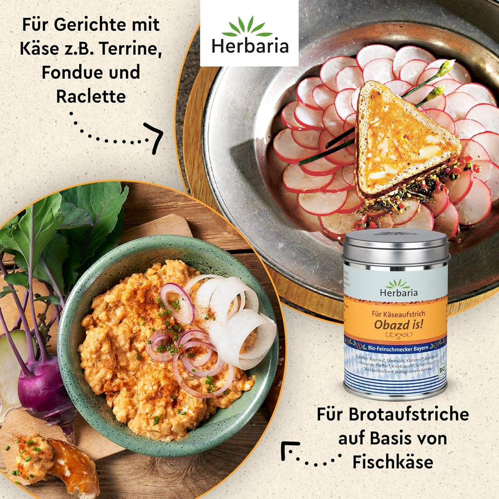 Herbaria Obazd is! bio 90g M-Dose – Bio-Gewürzmischung bayerischen Biergartenklassiker Obazda – für Brotaufstriche, Käsegerichte, Käsefondue – Raclette Gewürz - in nachhaltiger Aromaschutz-Dose