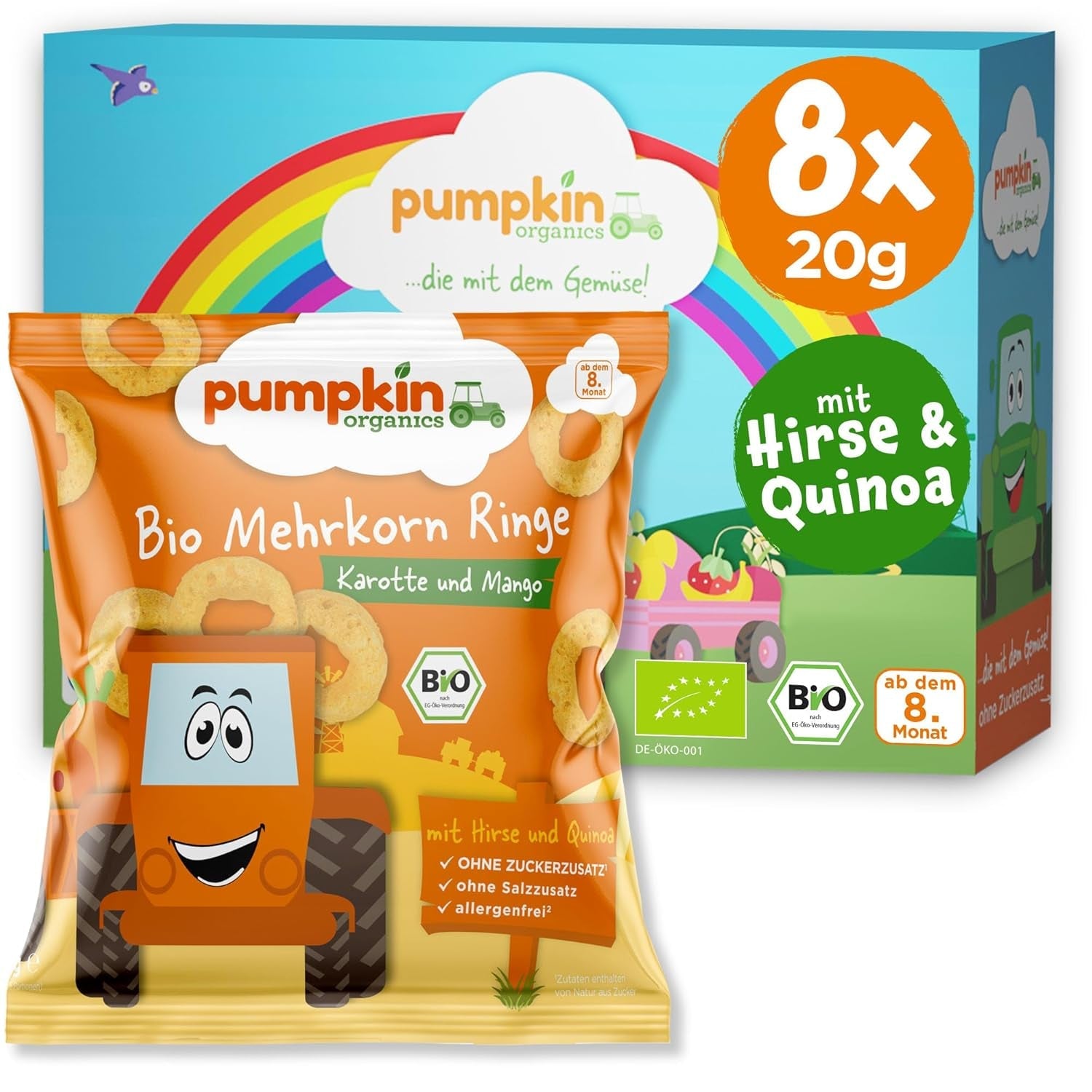 Inele multicereale organice Pumpkin Organics pentru copii, morcov și mango (pachet de 8) Gustări pentru bebeluși fără aditivi de la 12 luni - fără alergeni² și fără gluten³ Gustări crocante pentru copii (8 x 20g)