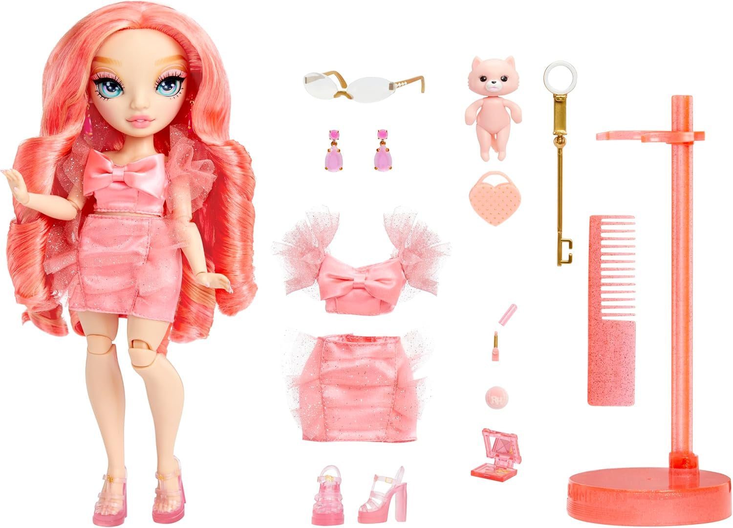 Păpușa Rainbow High Fashion - Pinkly Paige - Păpușă roz la modă într-o ținută la modă - cu ochelari și peste 10 accesorii de joacă colorate - Ideală pentru copii cu vârsta cuprinsă între 4 și 12 ani și colecționari