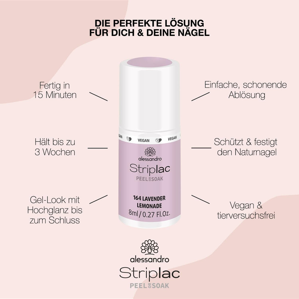 Oja UV alessandro Striplac Lavender Lemonade – Delicată și de lungă durată – Îndepărtare ușoară datorită tehnologiei de îndepărtare – Vegană și cruelty-free – 8 ml