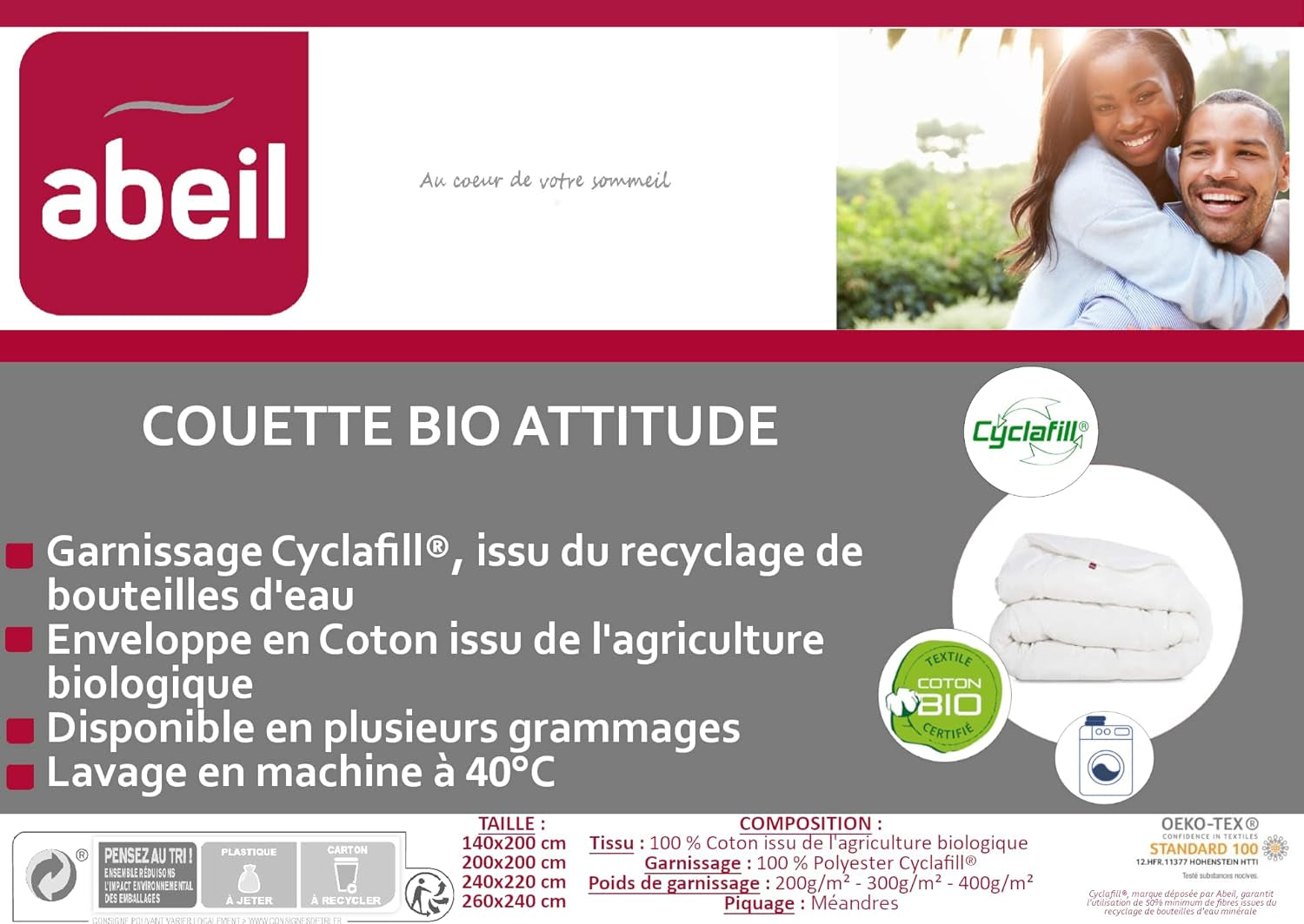 Abeil Bio' Attitude quilt, Ușor, Acoperire din bumbac organic, Umplutură: Poliester Cyclafill® 200 G/M², Lavabil la mașină, Certificat Oeko-Tex, 220 X 240 Cm Plapumi si pilote Naty Shop