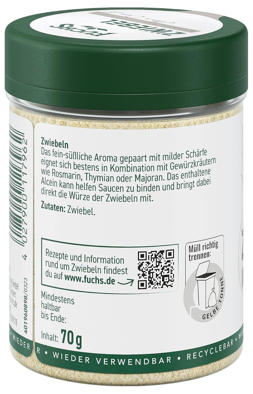 Fuchs Gewürze - Zwiebel granuliert - Gewürz für Saucen oder Nudelgerichte - natürliche Zutaten - 70 g in wiederverwendbarer, recyclebarer Dose
