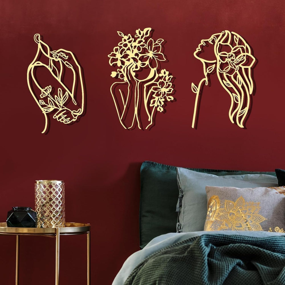 3 bucăți Metal Minimalist Woman Wall Art Deco Modern Metal Abstract Woman Wall Art Female Single Line Line Drawings to Hang for Living Room (negru, modern) Statuete si sculpturi Naty Shop Aur Elegant