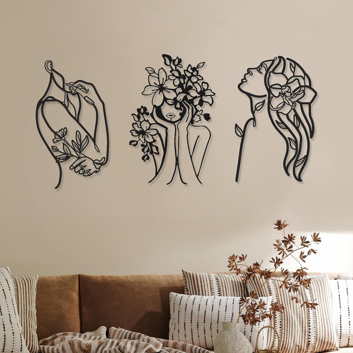 3 bucăți Metal Minimalist Woman Wall Art Deco Modern Metal Abstract Woman Wall Art Female Single Line Line Drawings to Hang for Living Room (negru, modern) Statuete si sculpturi Naty Shop Elegant 35L X 25B Cm