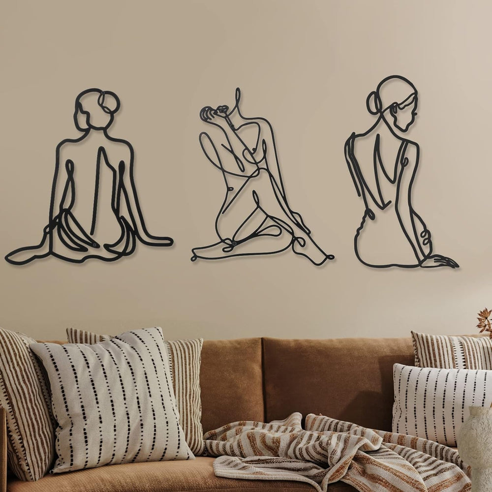 3 bucăți Metal Minimalist Woman Wall Art Deco Modern Metal Abstract Woman Wall Art Female Single Line Line Drawings to Hang for Living Room (negru, modern) Statuete si sculpturi Naty Shop Negru Vintage