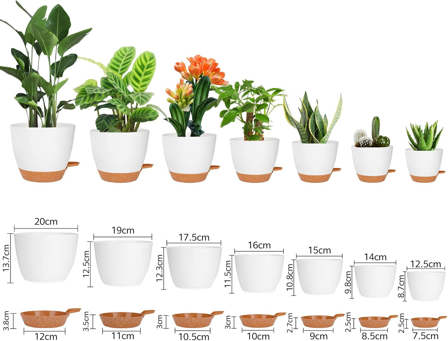 Ghiveci de flori CSYY, set de 7 ghivece de flori din plastic cu sistem de udare, 20,3/19/17,7/16,5/15,2/14/12,7 cm, ghiveci cu auto-udare și farfurie, pentru interior și exterior