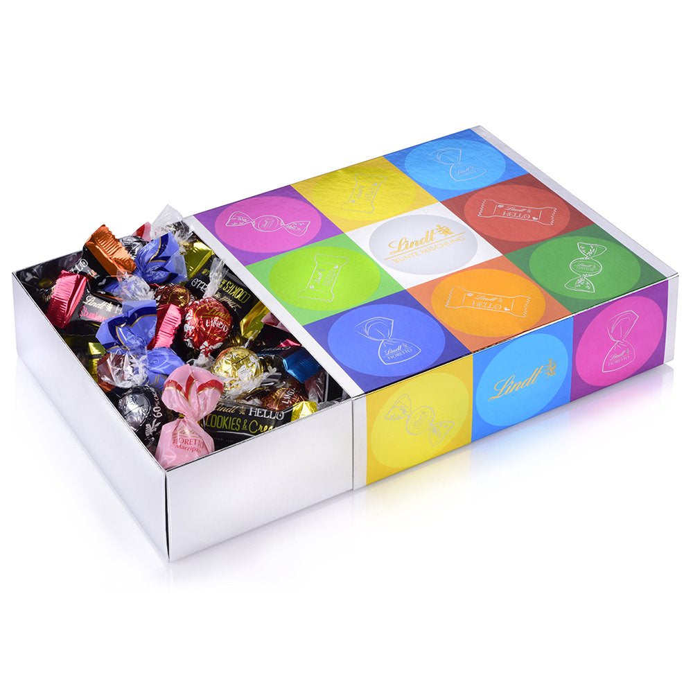 Asortiment de ciocolată (37 bile LINDOR, 24 bețișoare Hello Mini, 10 Mini Fioretto), cadou de ciocolată (1 x 815 g) și HELLO Mini Emoti, ciocolată cu lapte în 5 modele de emoticonuri, 164 g