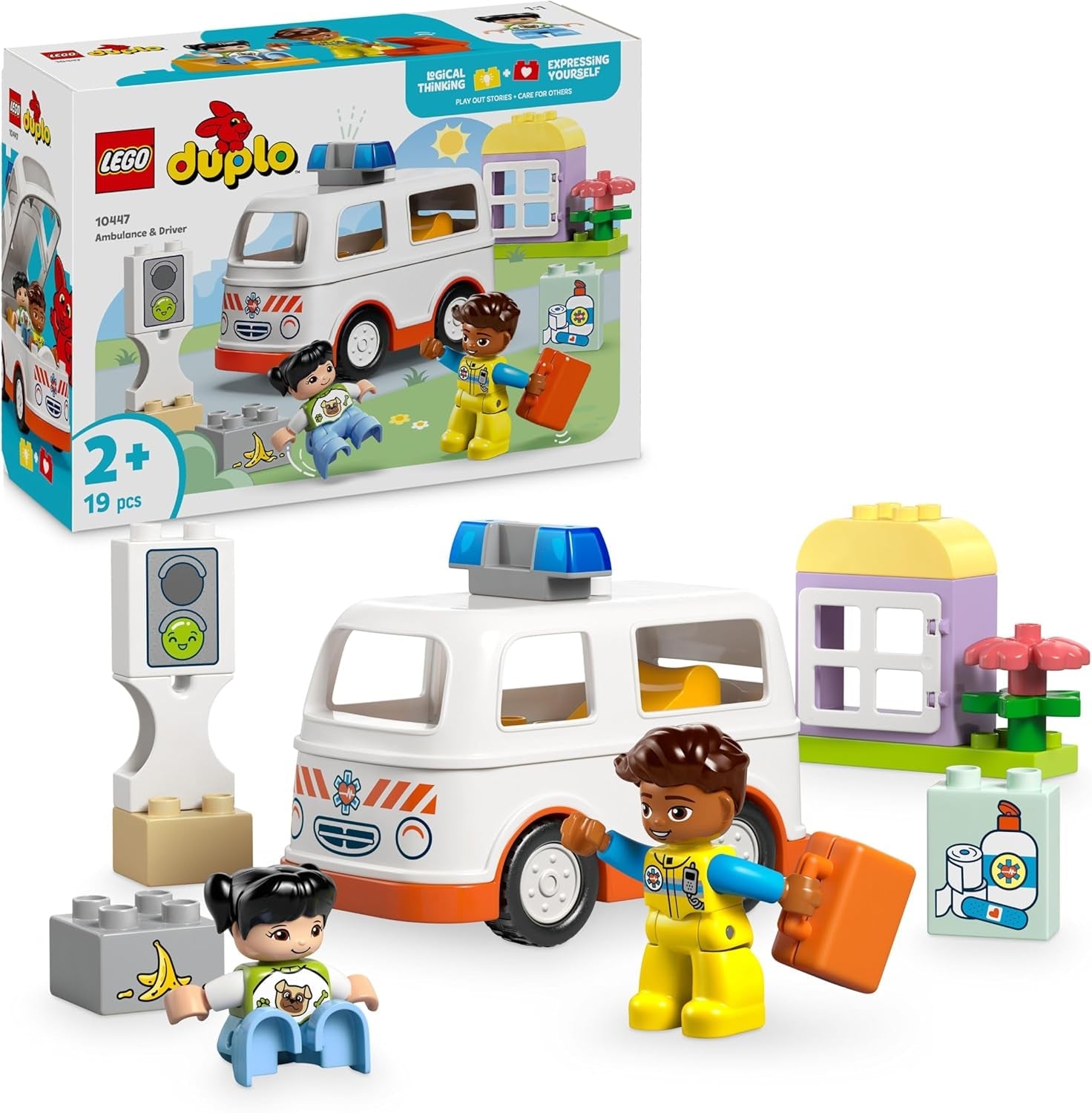 LEGO DUPLO Rettungswagen mit Fahrer - Lernspielzeug für Kleinkinder ab 2 Jahren - Montessori Spielzeug für Rollenspiele - Rettungswagen Spielzeug mit Auto, Haus, 2 Figuren - Geschenk für Kinder 10447