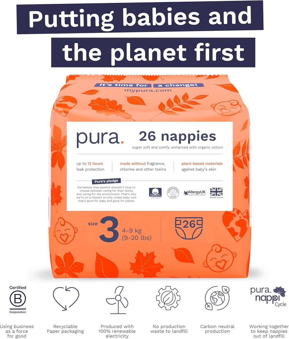 Scutece Eco Baby - Mărimea 3 (4-9 kg), 1 pachet (26 scutece), scutece ultra-moi pentru piele sensibilă, bumbac organic, protecție împotriva scurgerilor de până la 12 ore, ghid de mărimi nou