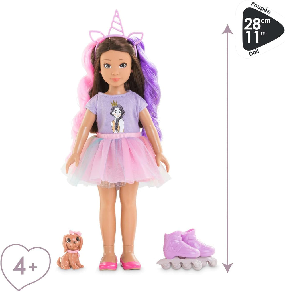 Corolle 9000600030 - Girls Luna Einhorn Set, Ankleidepuppe im Sommeroutfit mit Hund, mit Haarband, Ohrringe und extra Gummistiefel, 28cm Spielpuppe mit Vanilleduft, ab 4 Jahren
