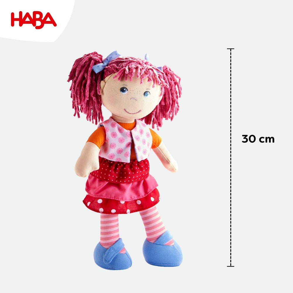HABA Puppe Lilli-Lou – Weiche Stoffpuppe ab 18 Monaten – 30 cm mit Kleidung & Haaren – Ideale Spielgefährtin für Kleinkinder – 1302842001