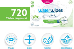 Șervețele umede WaterWipes Sensitive+ Hydrating Boost, șervețele hidratante, 720 bucăți (12 pachete), 3 în 1 curăță, îngrijește, hidratează, 99% apă cu aloe vera, șervețele umede fără parfum pentru bebeluși