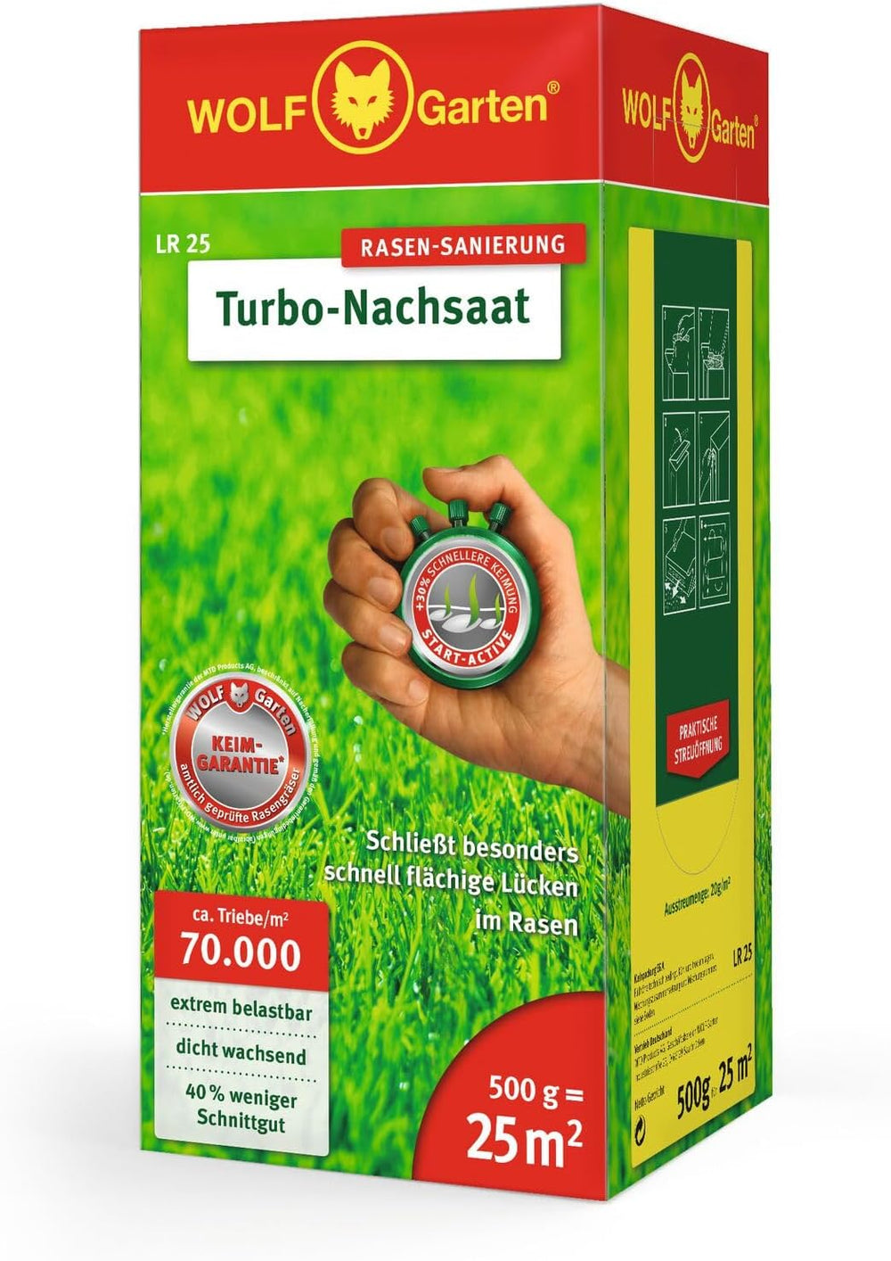Wolf-Garten Turbo-Nachsaat Zur Rasensanierung LR50 (Für 50 M2, Hohe Dichte Mit Ca. 70.000 Trieben/M2, Für Alle Rasentypen Geeignet, Mit Wolf-Garten Keimgarantie, Im 1Kg Karton) 3826031