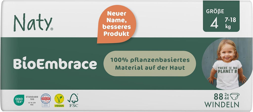 Scutece pentru bebeluși Naty BioEmbrace, mărimea 5 (11–25 kg) | 100% materiale pe bază de plante, delicate cu pielea | Moliciune respirabilă, testate dermatologic, absorbție excelentă | 80 buc.