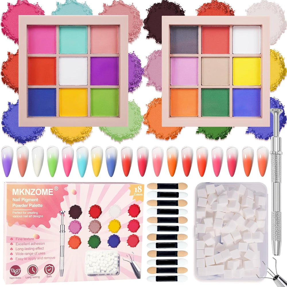 9 Farben Pigment Für Nägel, Nagelpulver Nail Powder 100 Stück Nail Art Schwamm Mit Metallgreifer, Ombre Glitzerpulver Nagelpuder Nailart Nagel Deko Für DIY Nageldesign, B
