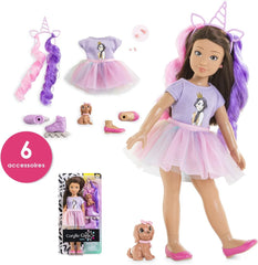 Corolle 9000600030 - Girls Luna Einhorn Set, Ankleidepuppe im Sommeroutfit mit Hund, mit Haarband, Ohrringe und extra Gummistiefel, 28cm Spielpuppe mit Vanilleduft, ab 4 Jahren