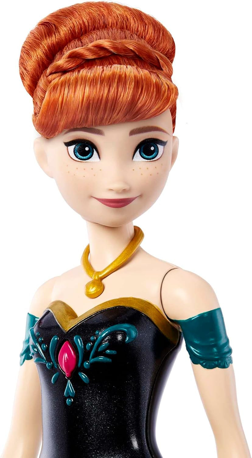 Mattel Disney Die Eiskönigin Singende Anna-Puppe - 30-sekündiger Song-Ausschnitt, klassisches Schlossoutfit, abnehmbarer weicher Rock, kämmbare Haare, für Kinder ab 3 Jahren, Deutsche Version, HMG41